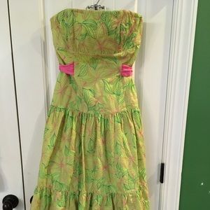 Lilly Pulitzer strapless dress ruffle green pink 2
